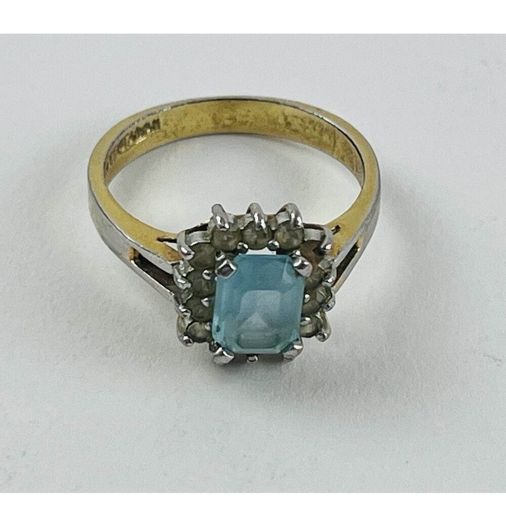 Vintage Ring 14K GE Gold Electroplate Taiwan Size 9 Aquamarine Blue Pale Rhinest - Picture 3 of 16